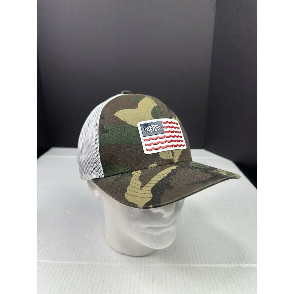 AFTCO Fishing Hat Cap Camo Snapback USA Fish Flag Patch Logo One Size Trucker
